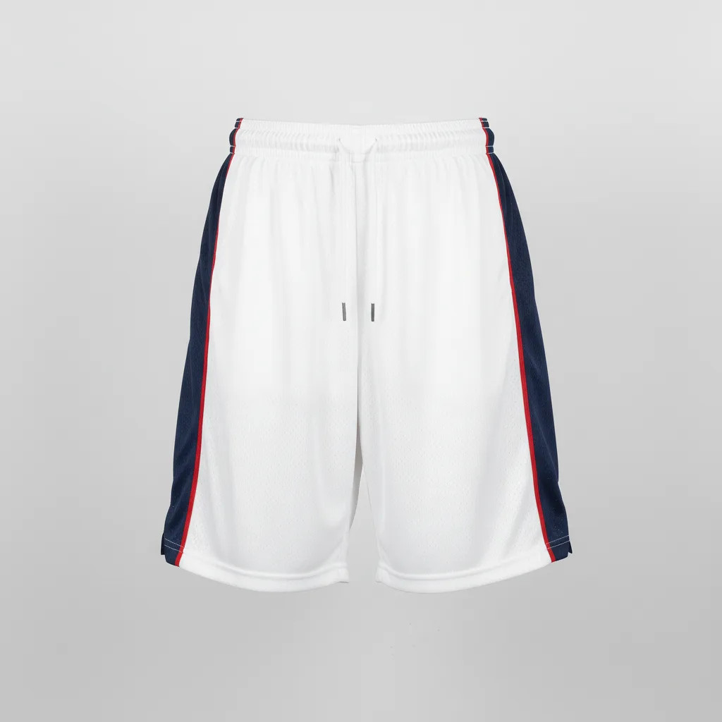 Front view of custom 7-inch basketball shorts with team colors and logo. Empire Five Athletics
