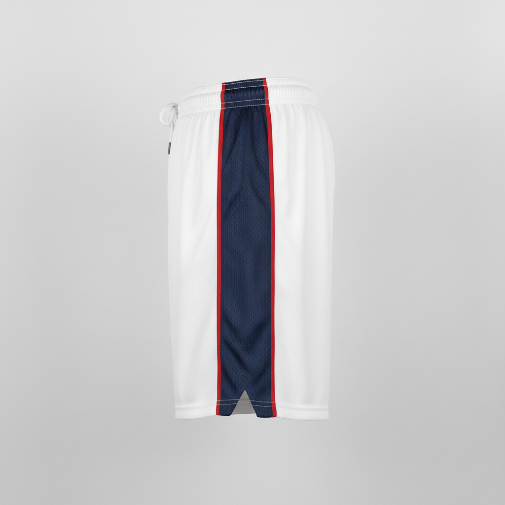 Side view of custom 7-inch basketball shorts showing the breathable mesh side-panel construction