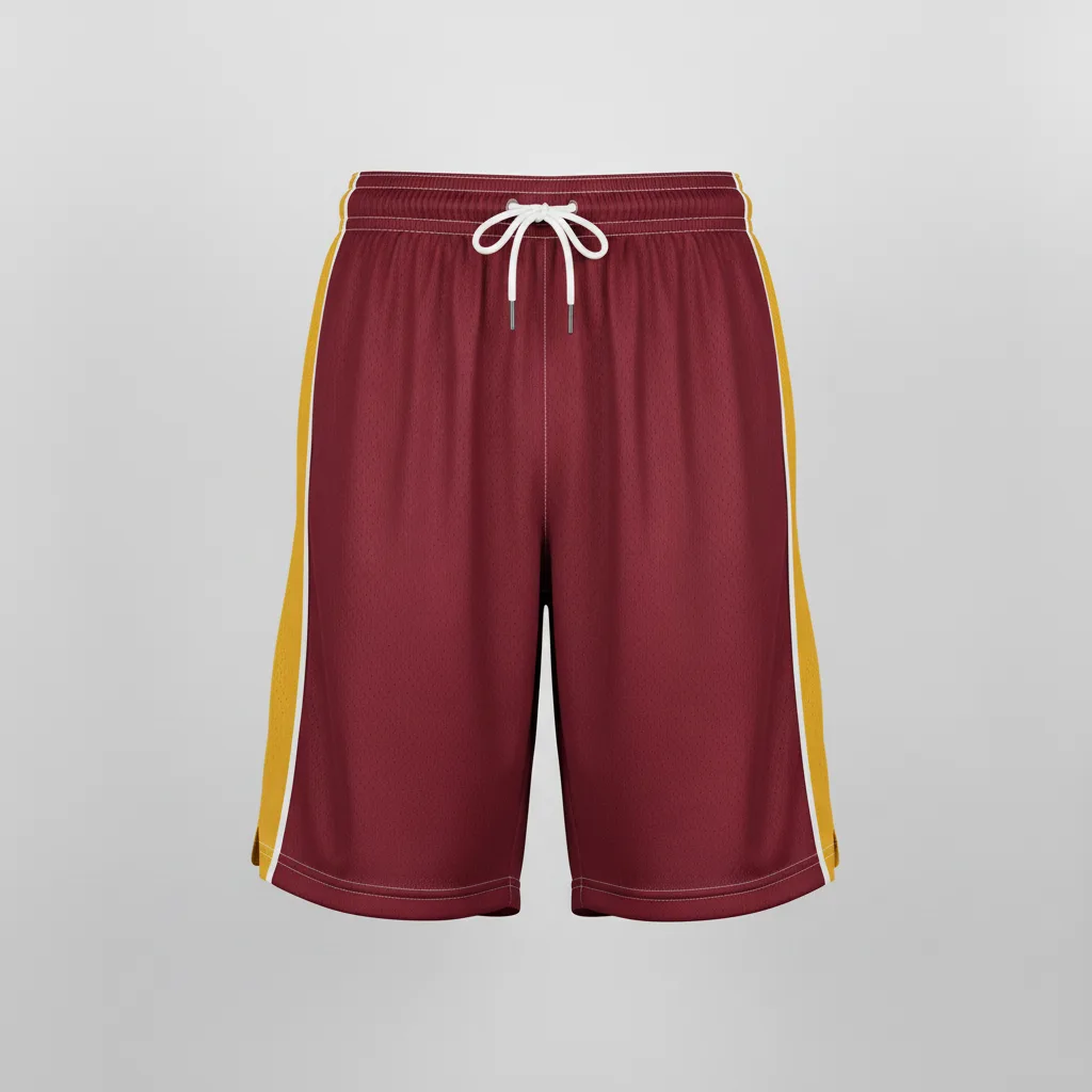 Front view of custom 9-inch basketball shorts in 150 GSM performance poly with a longer cut and sublimated team colors from Empire Five Athletics
