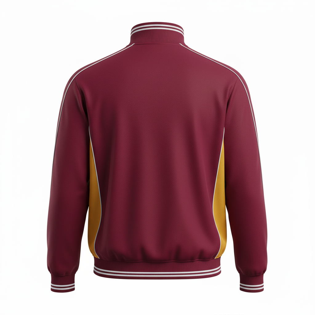Back view of custom full-zip basketball warm-up jacket showing team name arch and player number