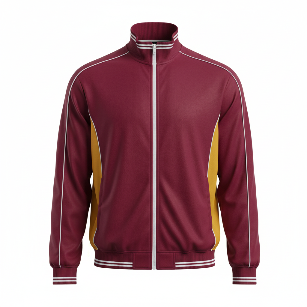Front view of custom full-zip basketball warm-up jacket with team logo and sublimated colorway. Empire Five Athletics