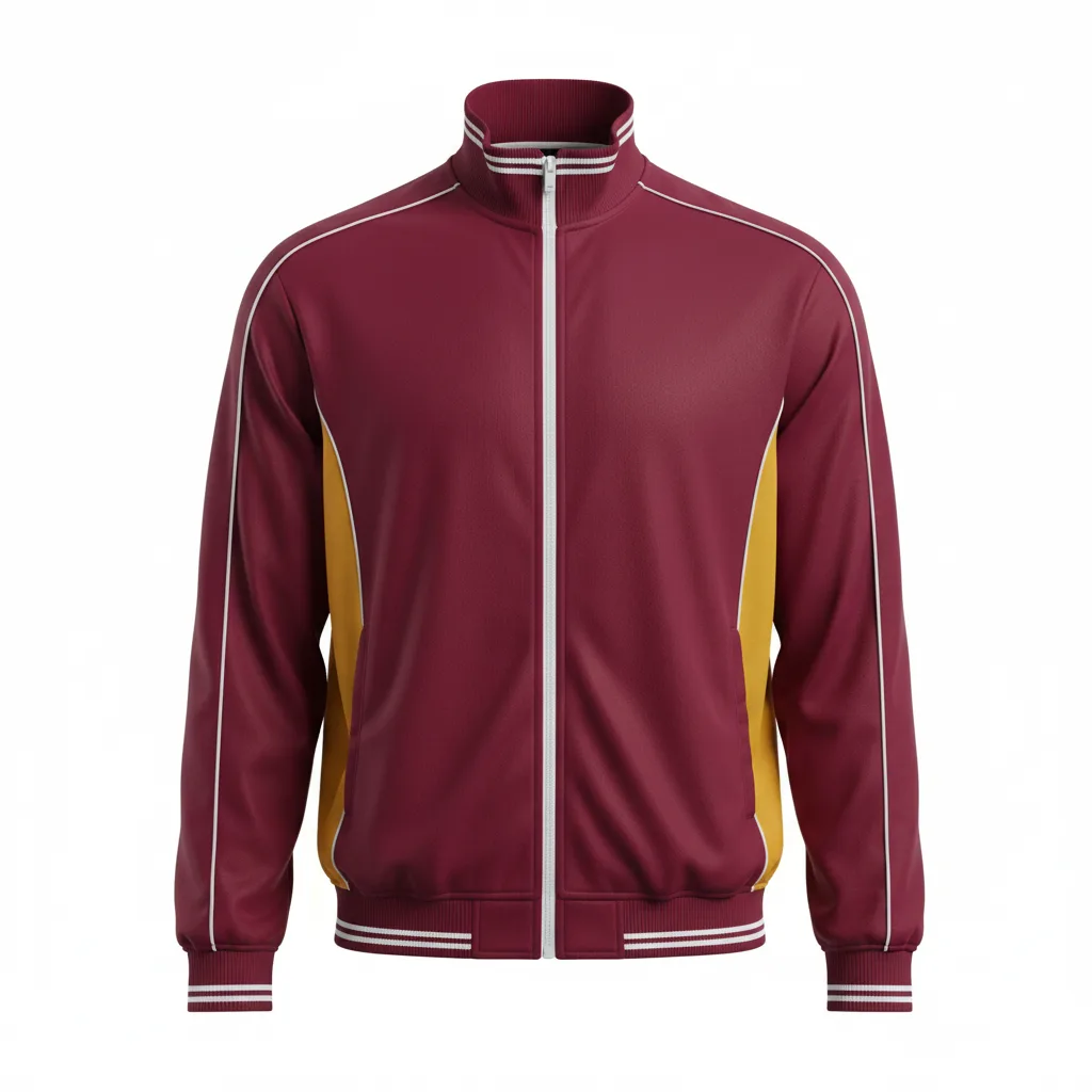 Front view of custom full-zip basketball warm-up jacket with team logo and sublimated colorway. Empire Five Athletics