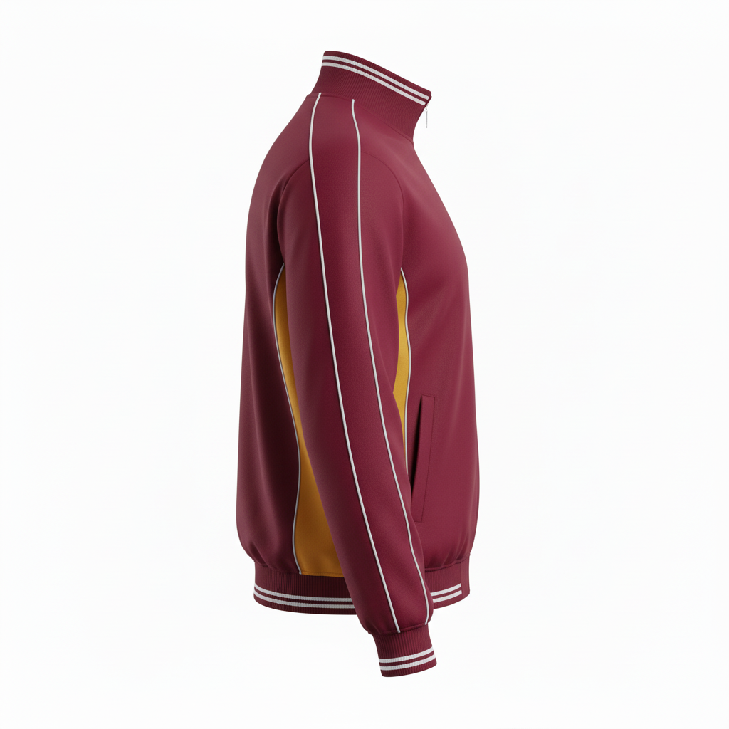 Side view of custom full-zip basketball warm-up jacket showing the stand-up collar, full zipper, and side-seam pocket