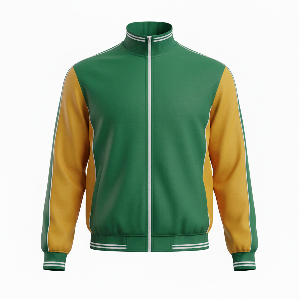 Front view of custom quarter-zip basketball warm-up jacket in 220 GSM performance poly with a stand collar and sublimated team colors from Empire Five Athletics