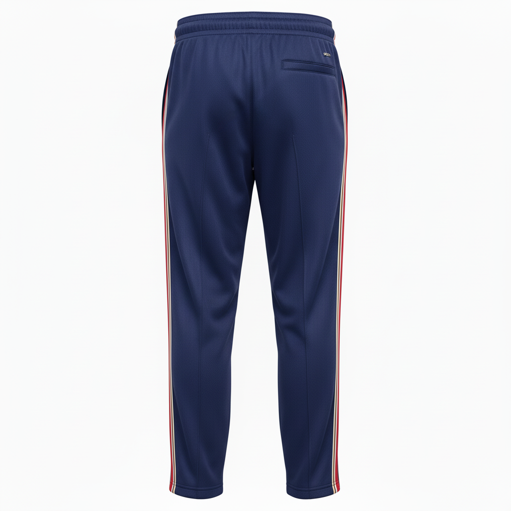 Back view of custom tapered basketball warm-up pants showing the tapered calf, elastic ankle cuff, and brushed-interior tricot fabric