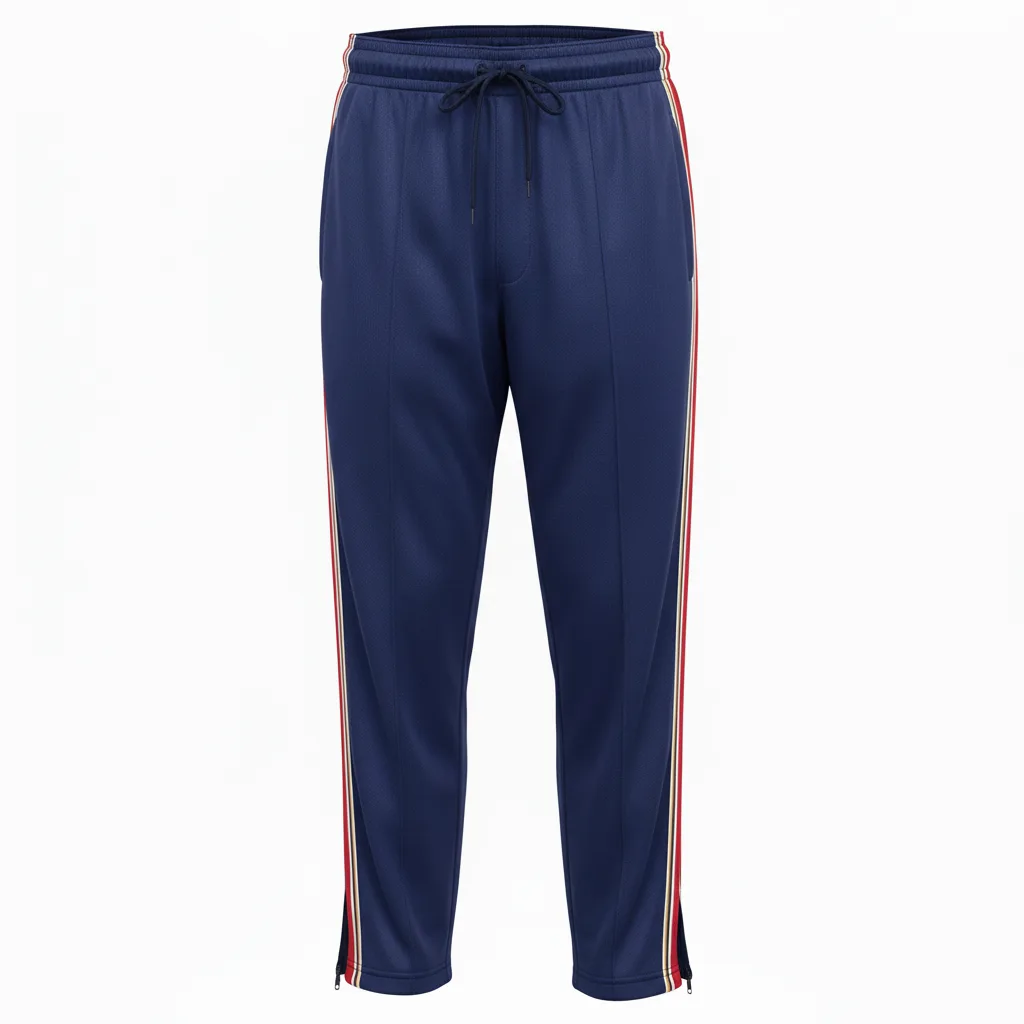 Front view of custom tapered basketball warm-up pants with sublimated team colorway and side-seam pockets. Empire Five Athletics