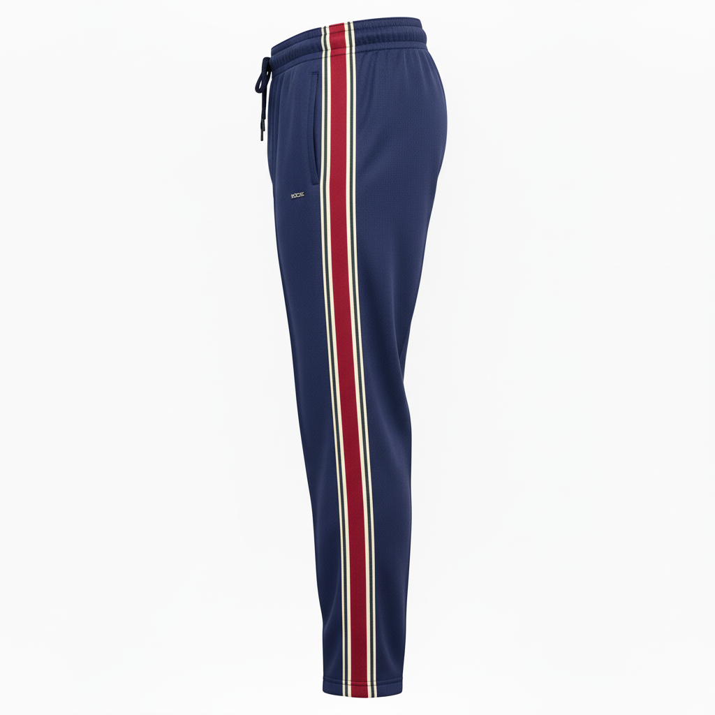 Side view of custom tapered basketball warm-up pants showing the tapered silhouette, side-seam pocket, and elastic ankle cuff
