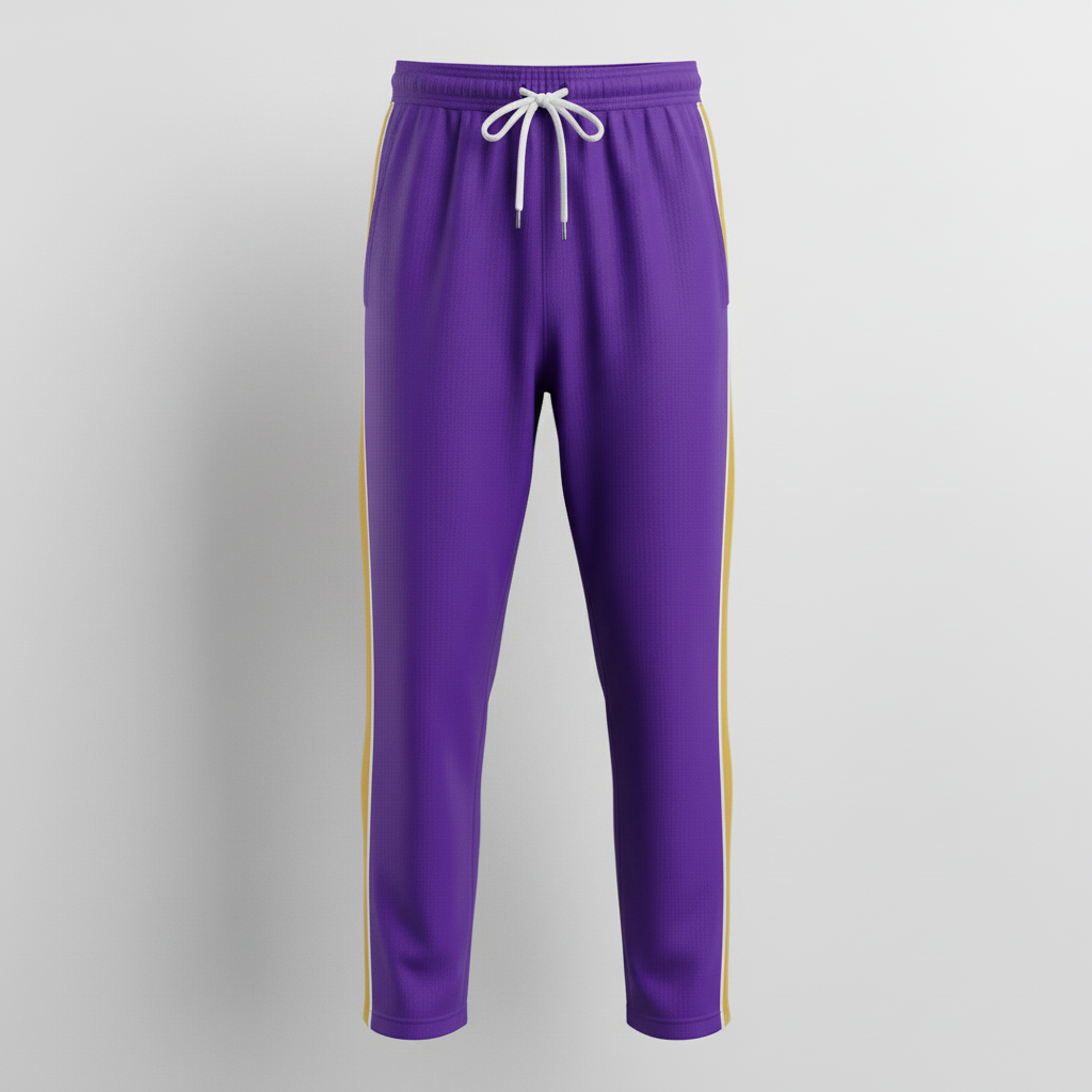 Front view of custom basketball warm-up set showing the matching tapered warm-up pants in identical 280 GSM polyester tricot fabric