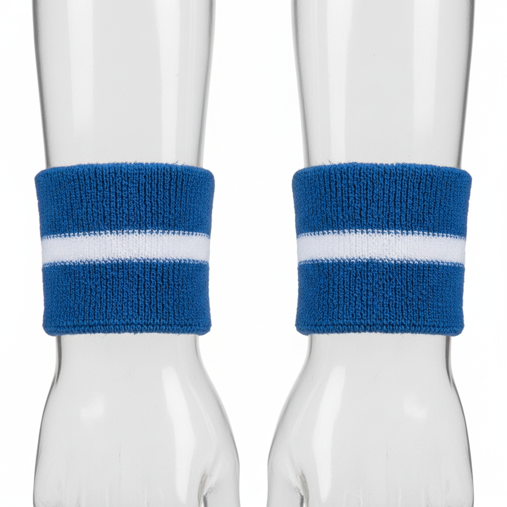 Front view of custom basketball wristbands in absorbent terry cloth with an embroidered team logo from Empire Five Athletics
