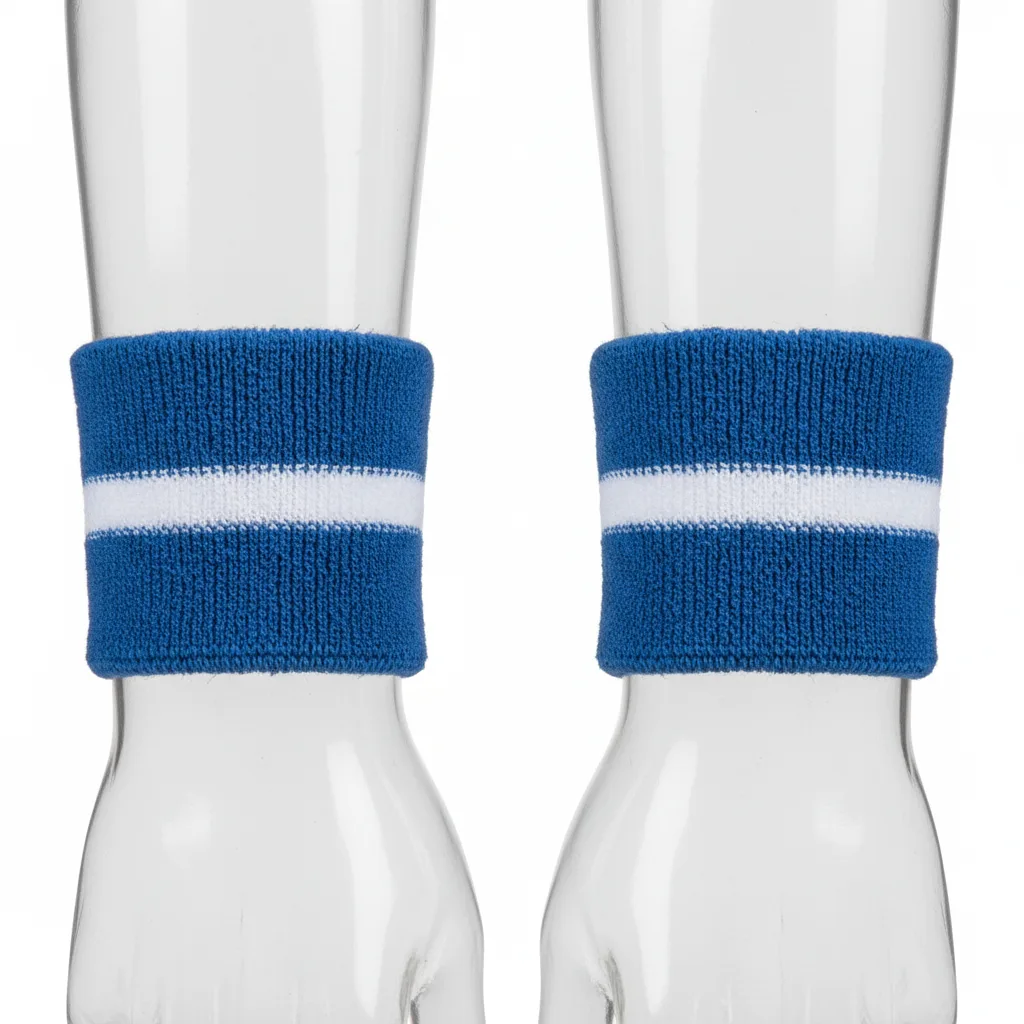 Front view of custom basketball wristbands in absorbent terry cloth with an embroidered team logo from Empire Five Athletics