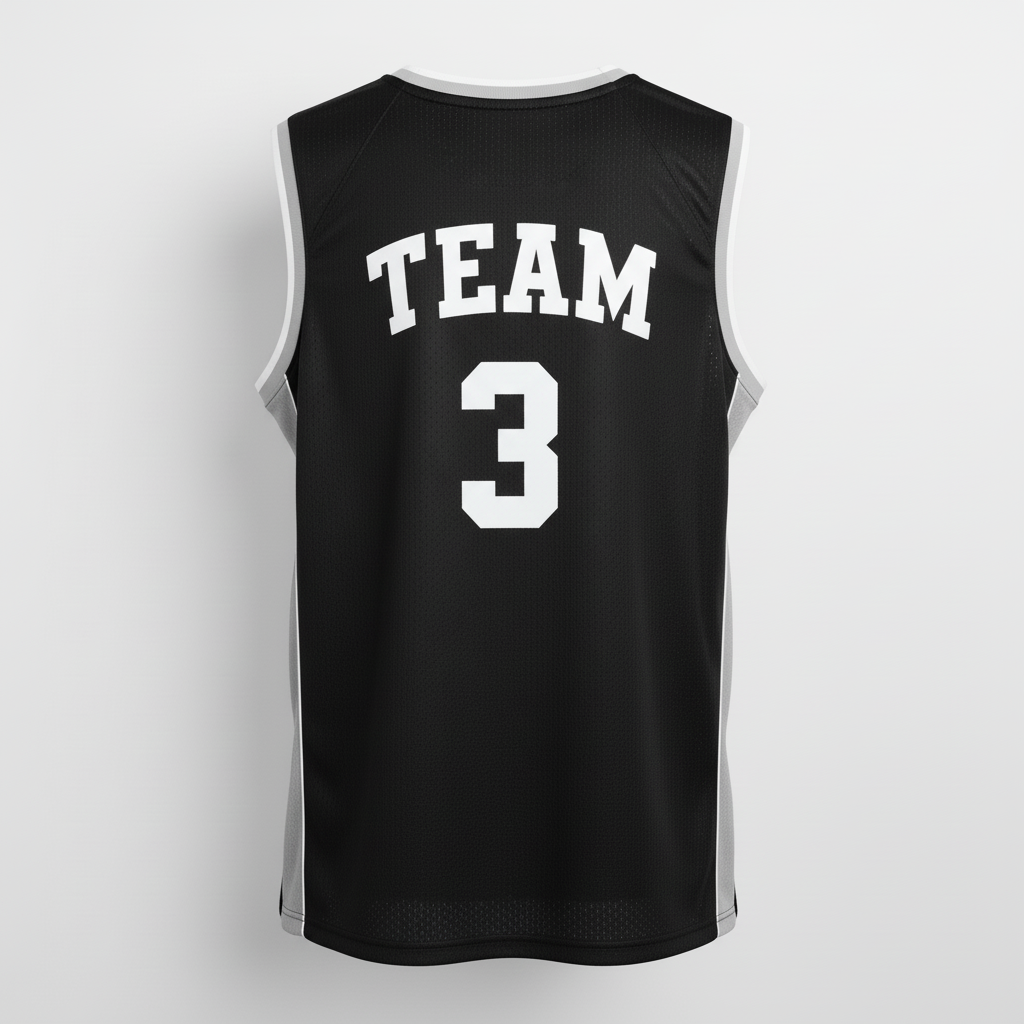 Back view of custom collegiate-cut basketball jersey showing the player name and number