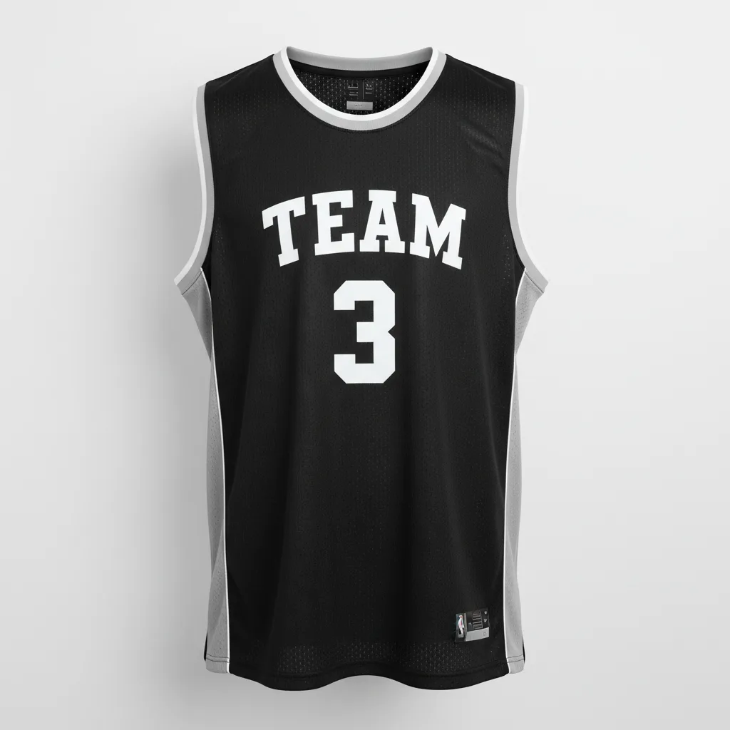 Front view of custom collegiate-cut basketball jersey in 150 GSM poly mesh with contrast side inserts and sublimated team colors from Empire Five Athletics