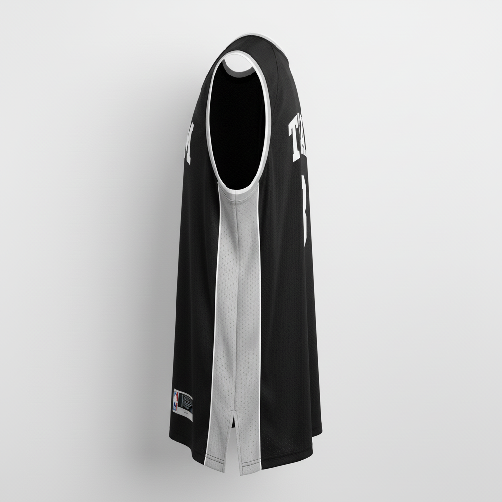Side view of custom collegiate-cut basketball jersey showing the contrast side insert