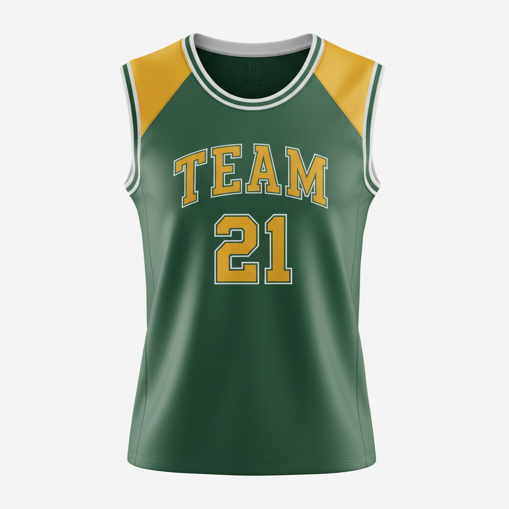 Front view of custom moisture-wicking basketball jersey in a lightweight 150 GSM performance knit with sublimated team colors from Empire Five Athletics