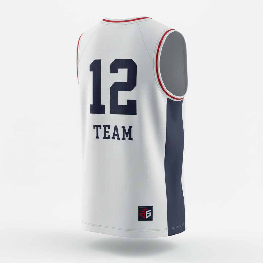 Back view of custom reversible basketball jump jersey showing trimmer shoulder line and high-armhole jump cut