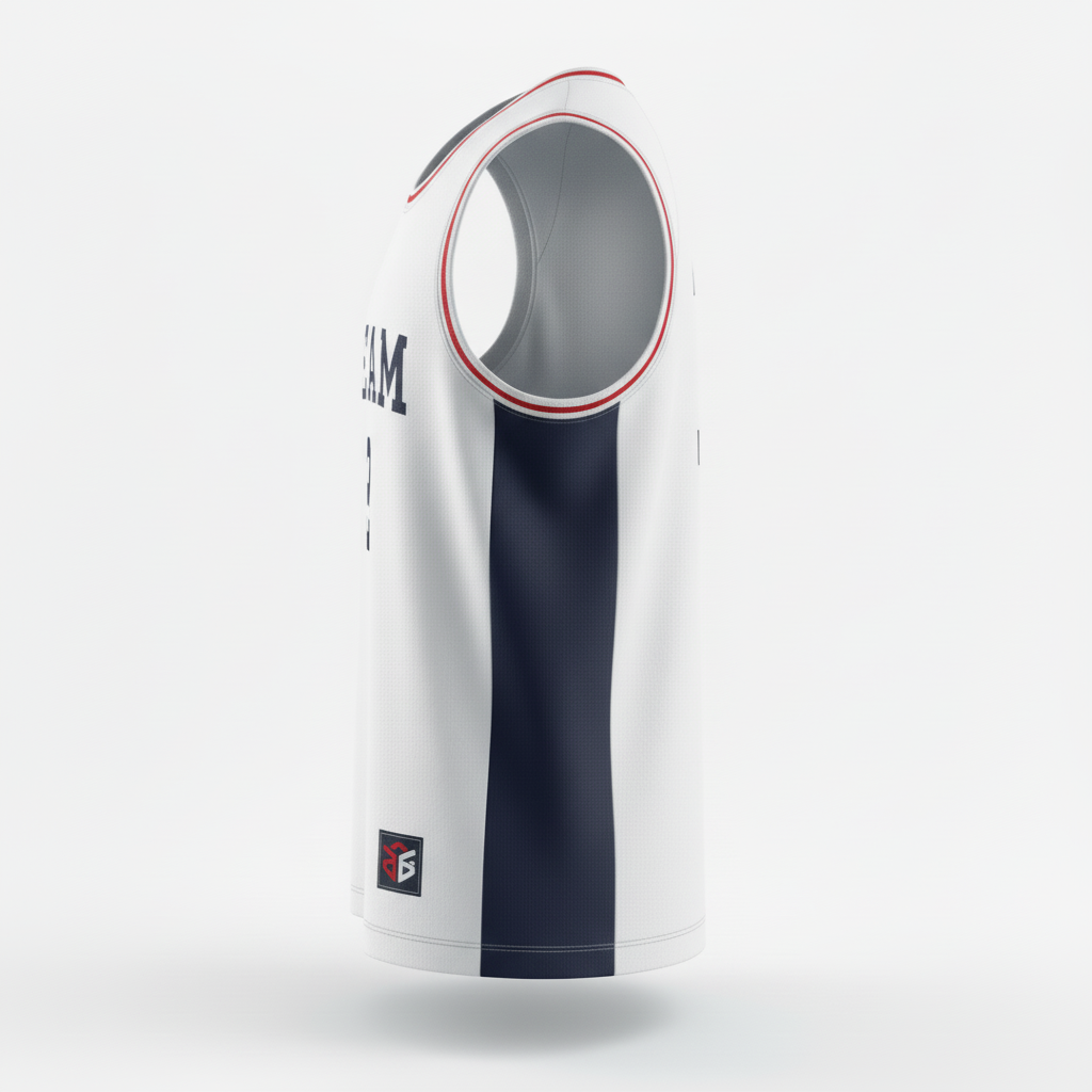 Side view of custom reversible basketball jump jersey showing the high-armhole cut, reinforced reversible binding, and 160 GSM mesh fabric
