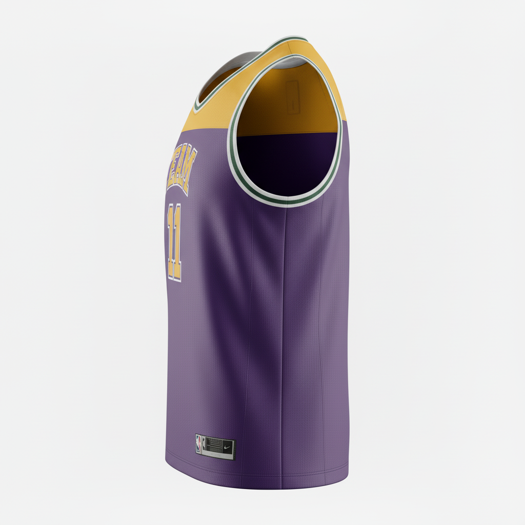 Side view of custom reversible mesh basketball tank jersey showing reinforced reversible binding and two-color construction
