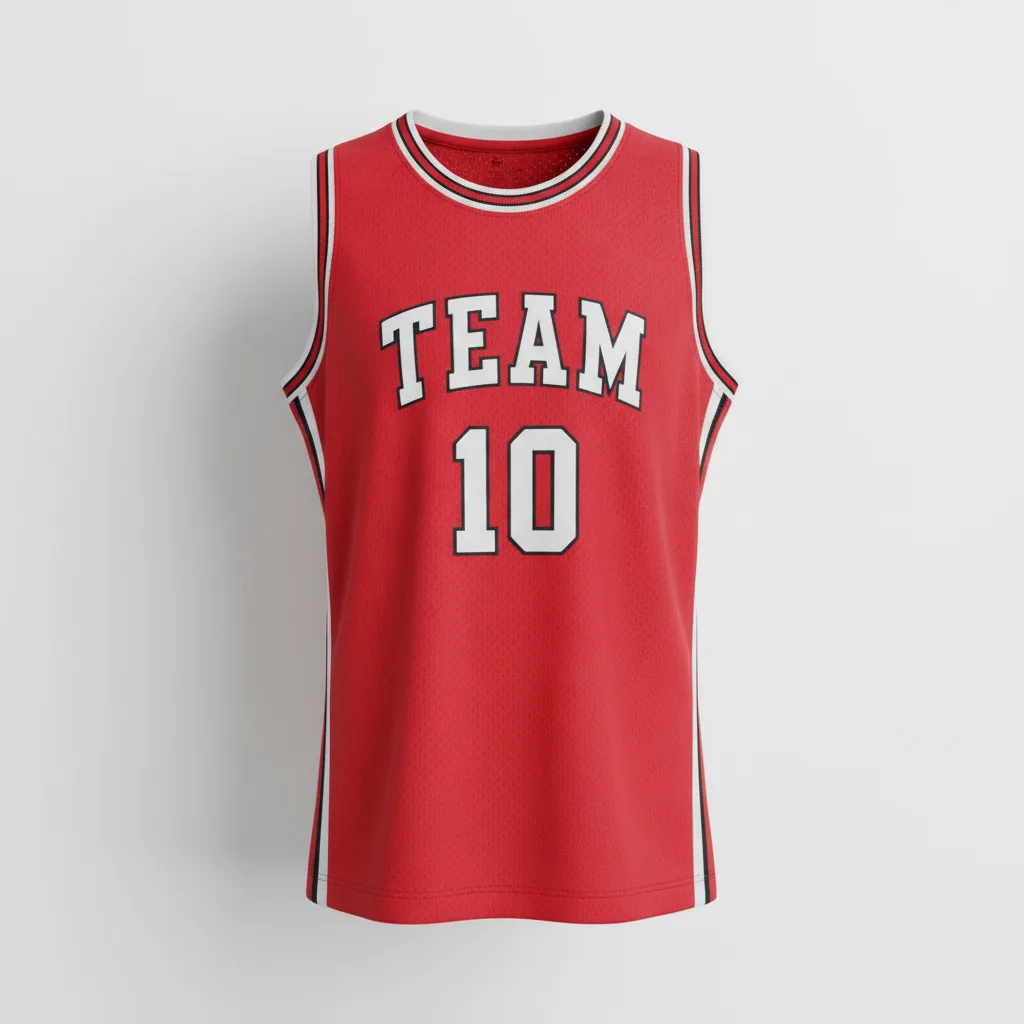 Front view of custom round neck basketball jersey with team logo and number. Empire Five Athletics
