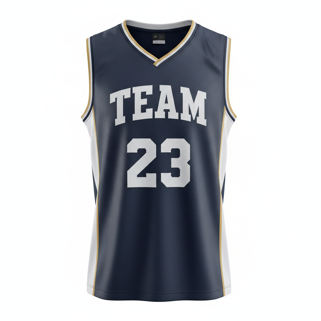 Front view of custom v-neck basketball jersey with team logo and number. Empire Five Athletics
