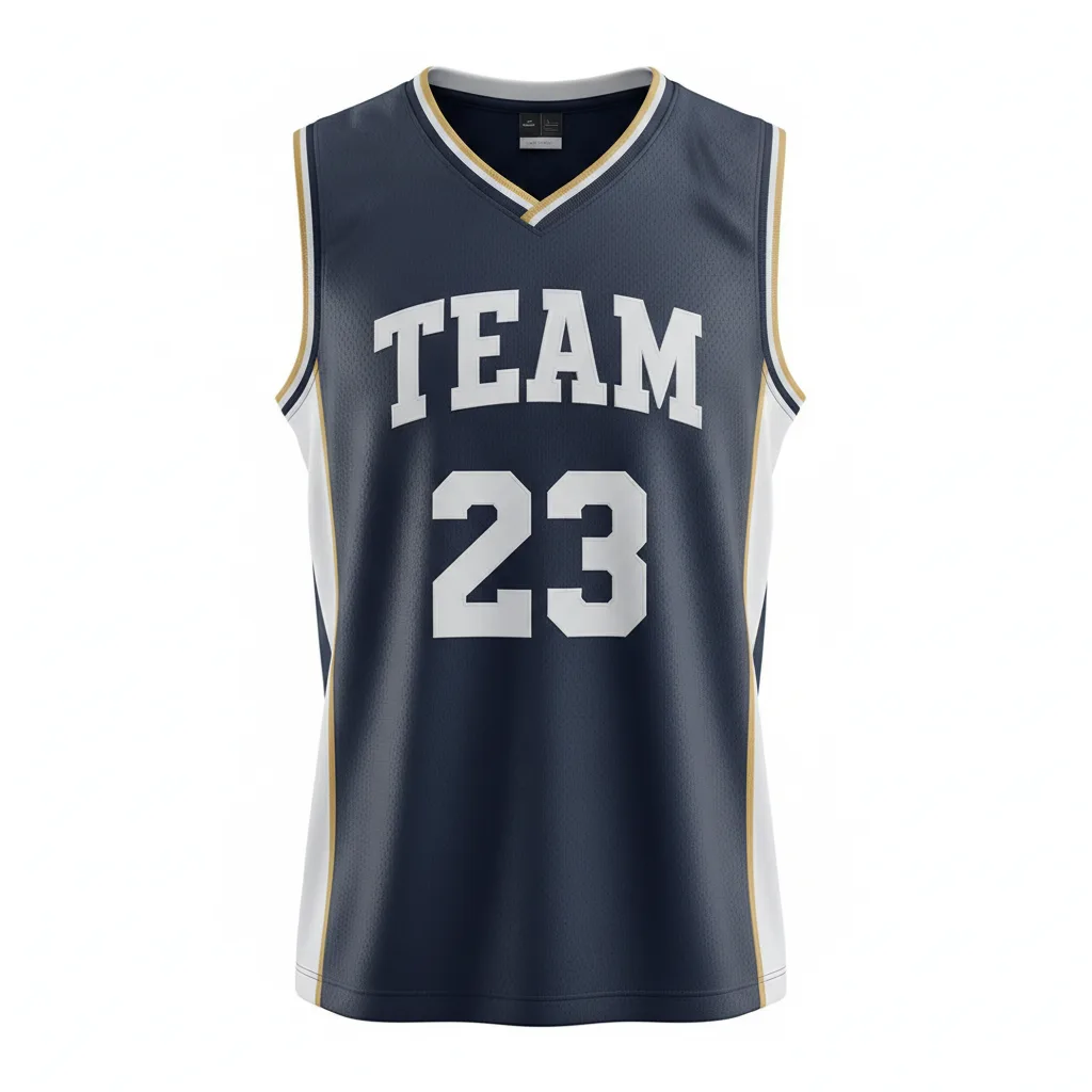 Front view of custom v-neck basketball jersey with team logo and number. Empire Five Athletics