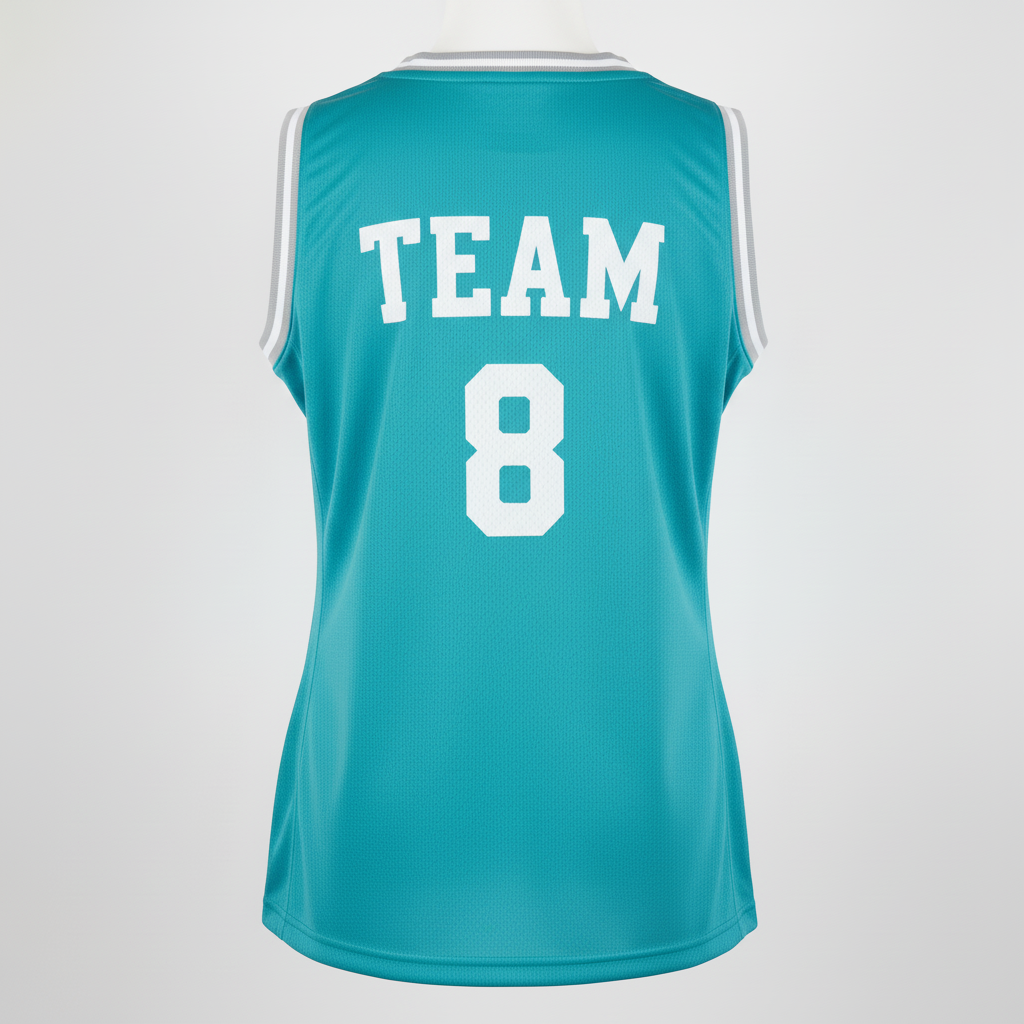 Back view of custom women's v-neck basketball jersey showing player name and number on the shaped women's-cut back panel