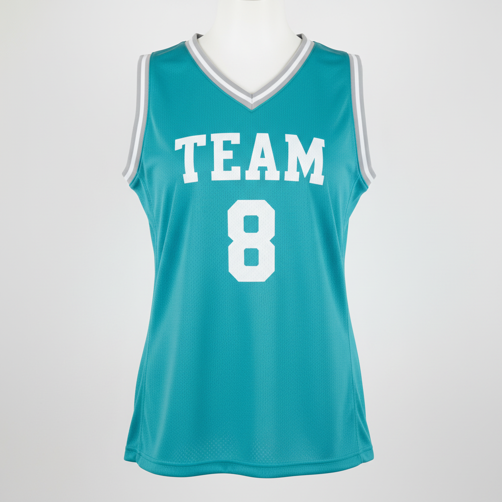 Front view of custom women's v-neck basketball jersey with team logo and player number. Empire Five Athletics