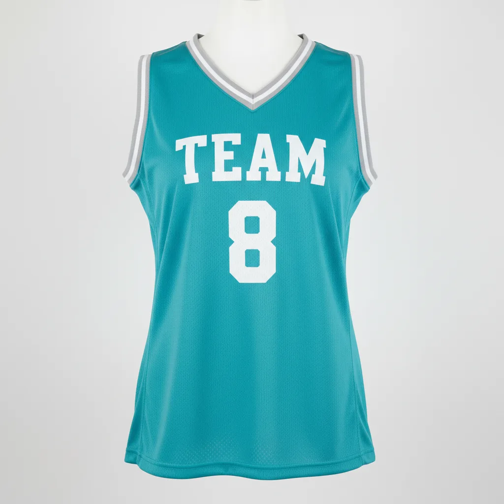 Front view of custom women's v-neck basketball jersey with team logo and player number. Empire Five Athletics