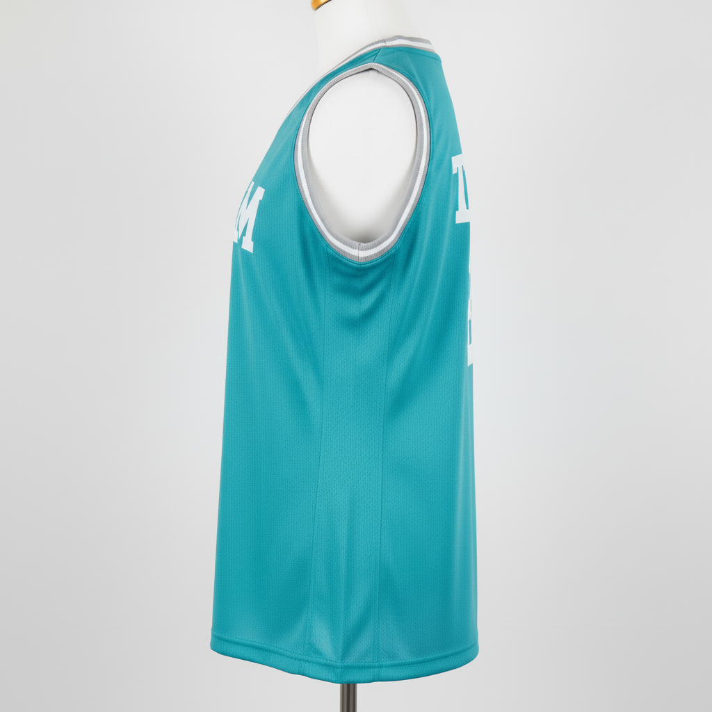 Side view of custom women's v-neck basketball jersey showing the shaped waist taper and women's-cut silhouette