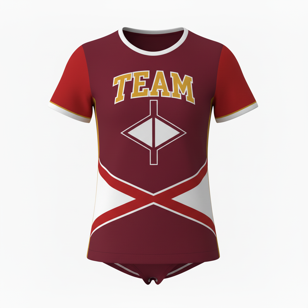 Front view of custom cheer bodysuit in 4-way-stretch poly-spandex with sublimated program colors from Empire Five Athletics