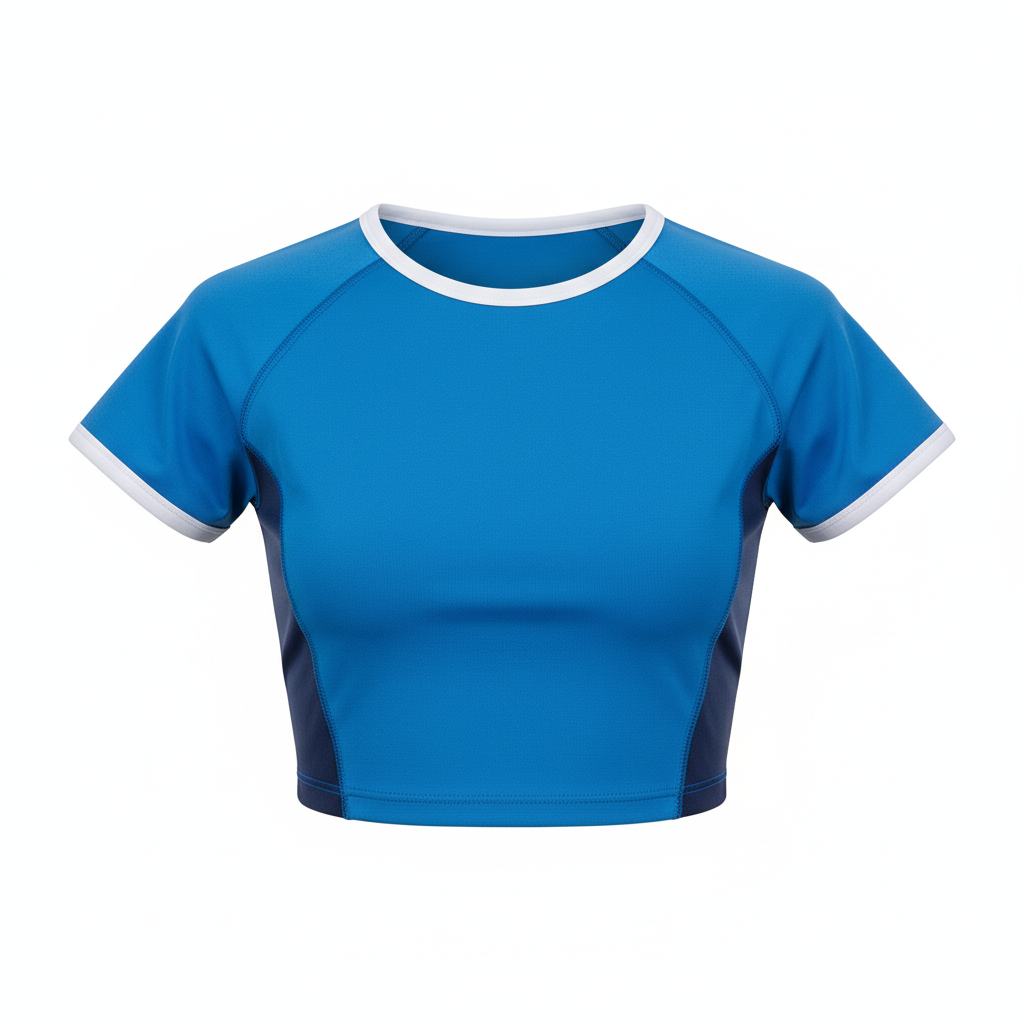 Front view of custom dance crop top in 4-way-stretch poly-spandex with sublimated studio colors from Empire Five Athletics