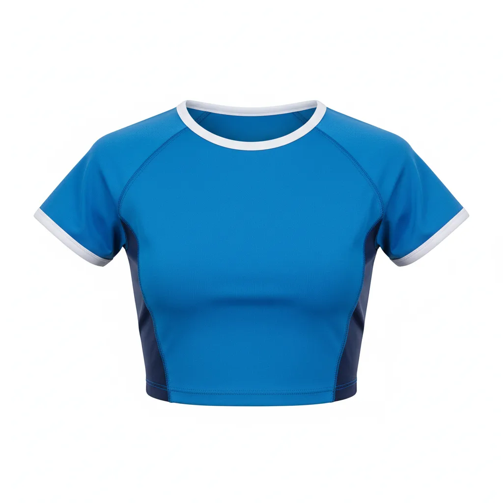 Front view of custom dance crop top in 4-way-stretch poly-spandex with sublimated studio colors from Empire Five Athletics