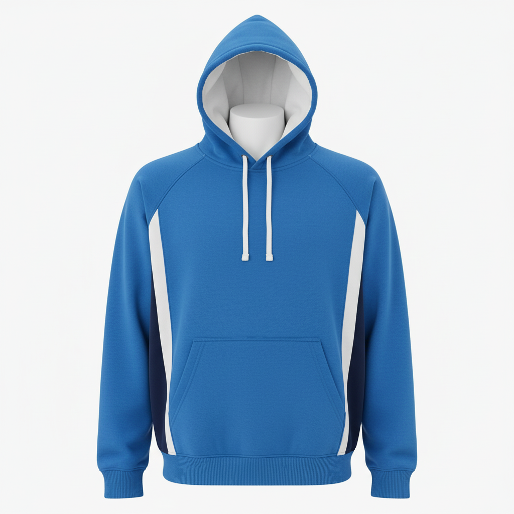 Front view of custom cheer hoodie in 320 GSM cotton-poly fleece with a lined hood and rhinestone team name from Empire Five Athletics