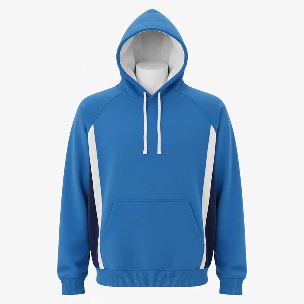 Front view of custom cheer hoodie in 320 GSM cotton-poly fleece with a lined hood and rhinestone team name from Empire Five Athletics