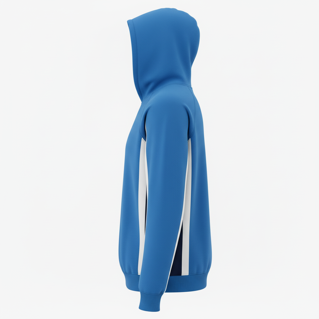 Side view of custom cheer hoodie showing the kangaroo pocket and ribbed cuff