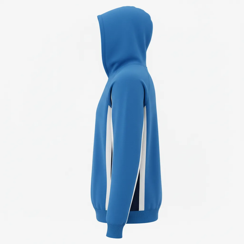 Side view of custom cheer hoodie showing the kangaroo pocket and ribbed cuff