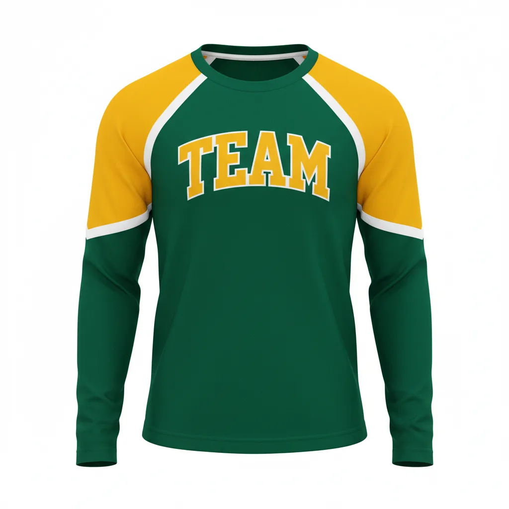 Front view of custom cheer long sleeve top in 4-way-stretch poly-spandex with sublimated program colors and rhinestone bling from Empire Five Athletics
