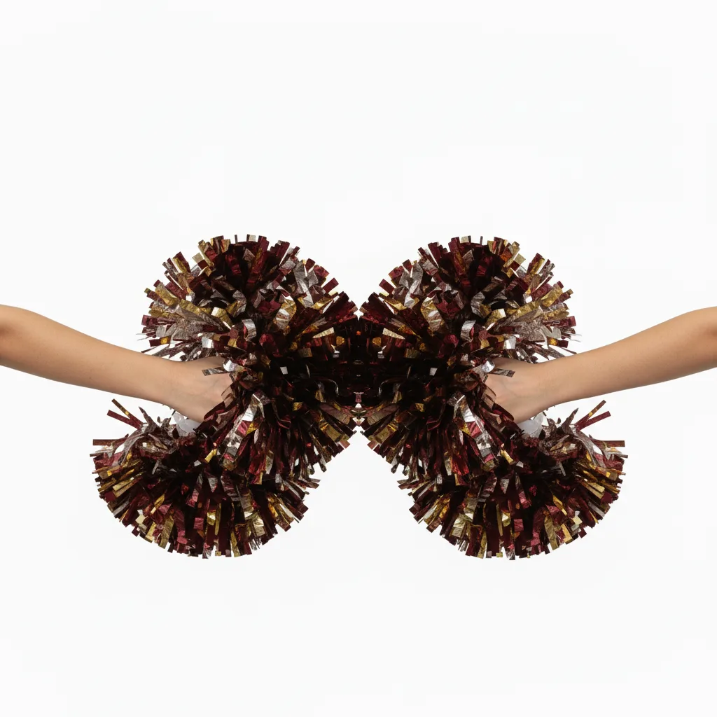 Back view of custom metallic pom poms showing the custom-color handle