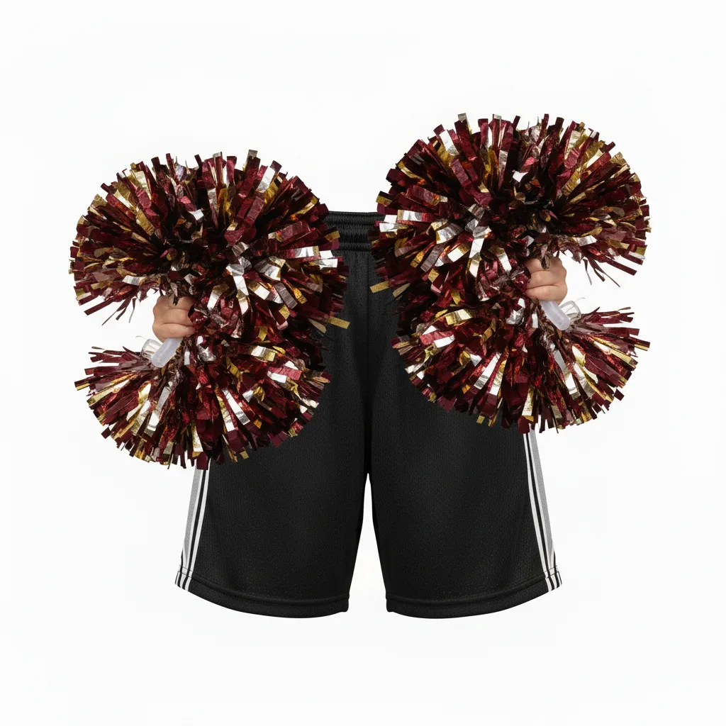 Front view of custom metallic pom poms in foil streamers built in custom program colors from Empire Five Athletics