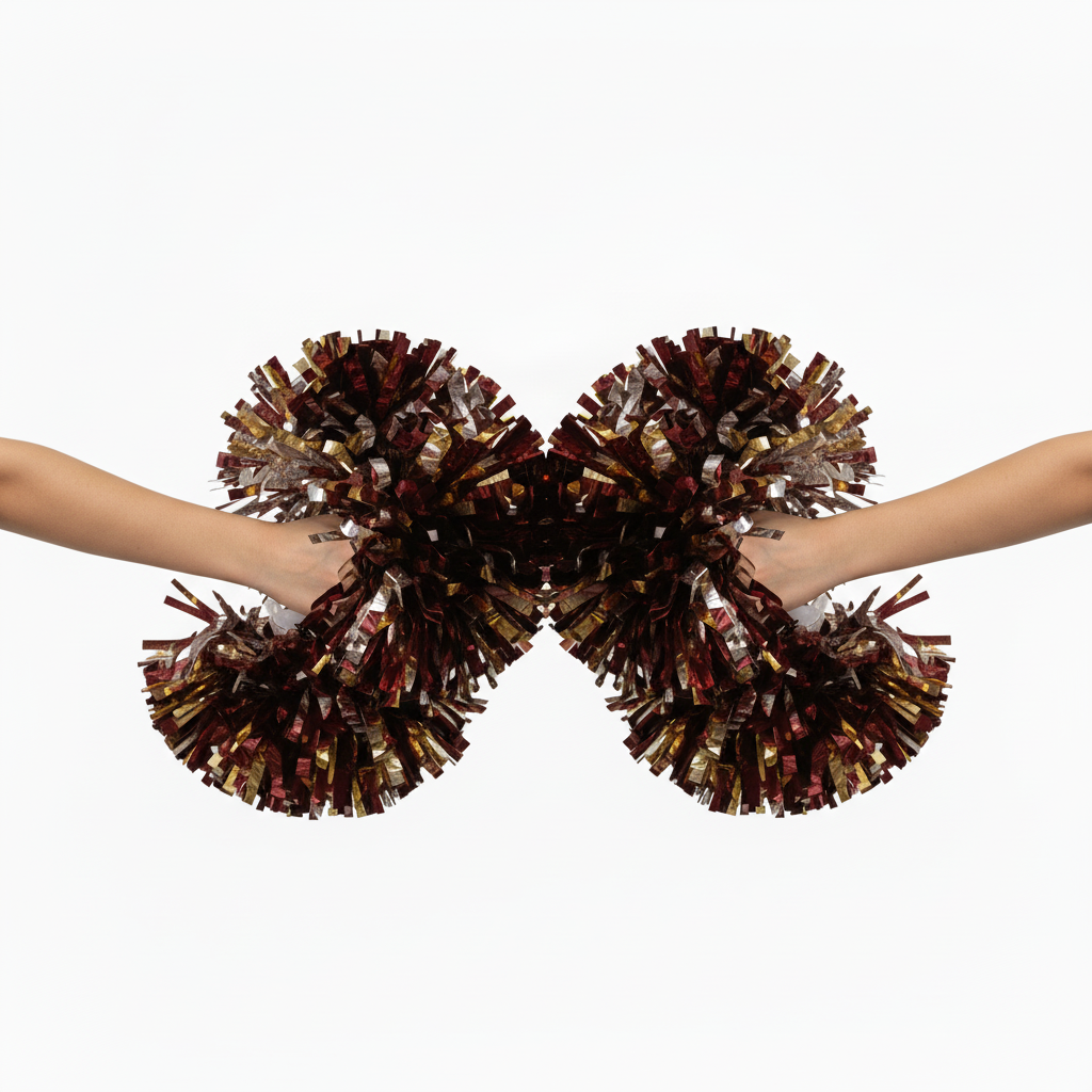 Side view of custom metallic pom poms showing the streamer length