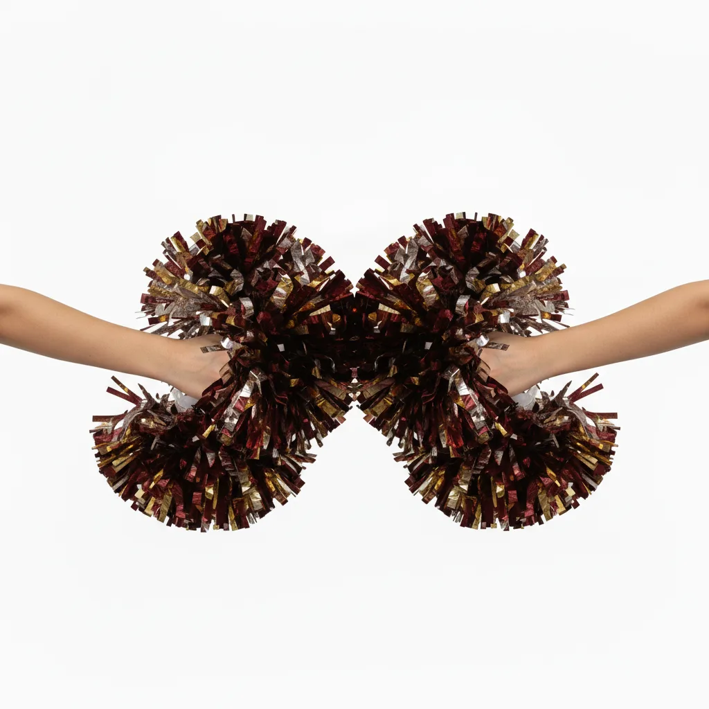 Side view of custom metallic pom poms showing the streamer length
