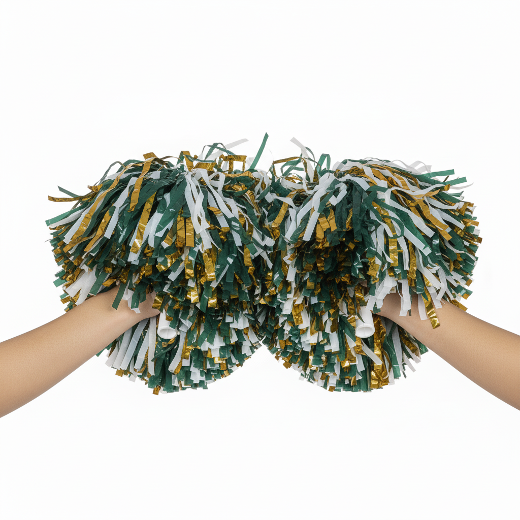 Back view of custom plastic pom poms showing the custom-color handle