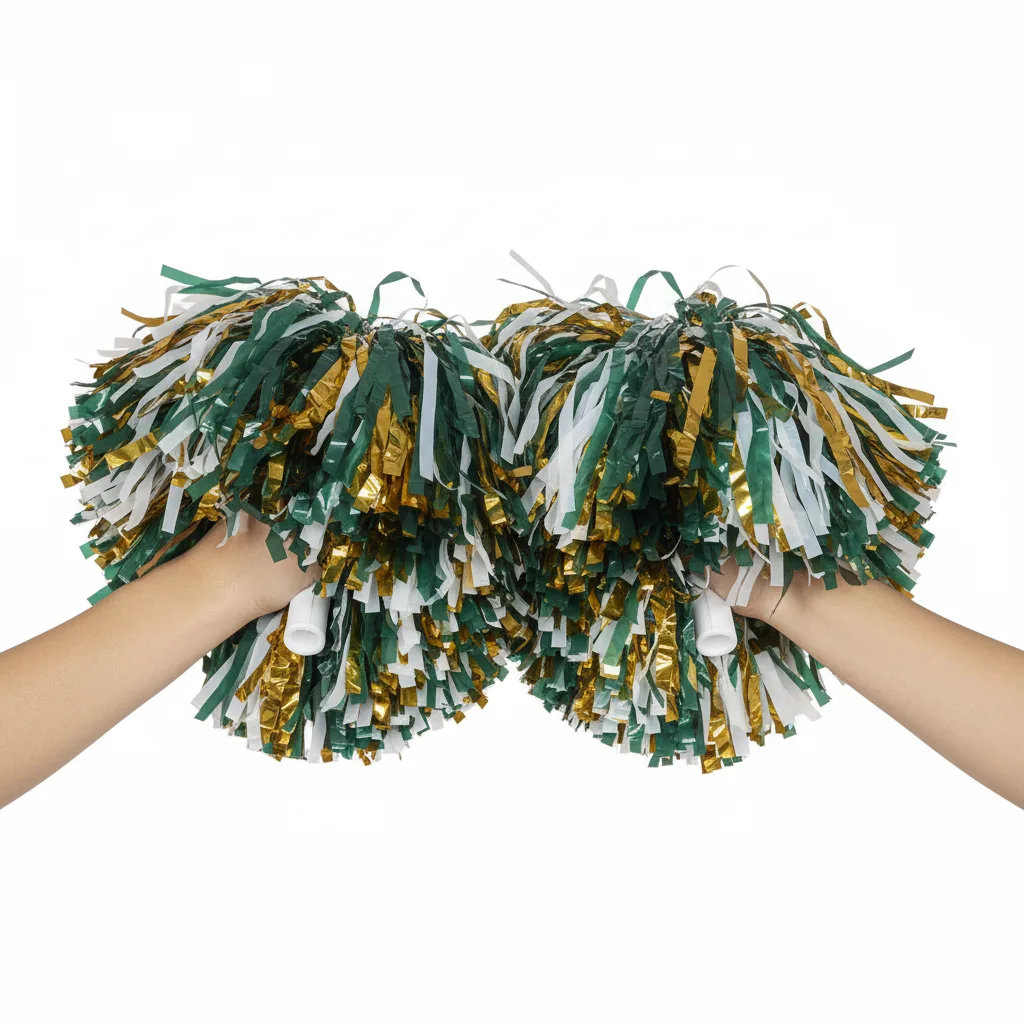 Front view of custom plastic pom poms in matte streamers built in custom program colors from Empire Five Athletics