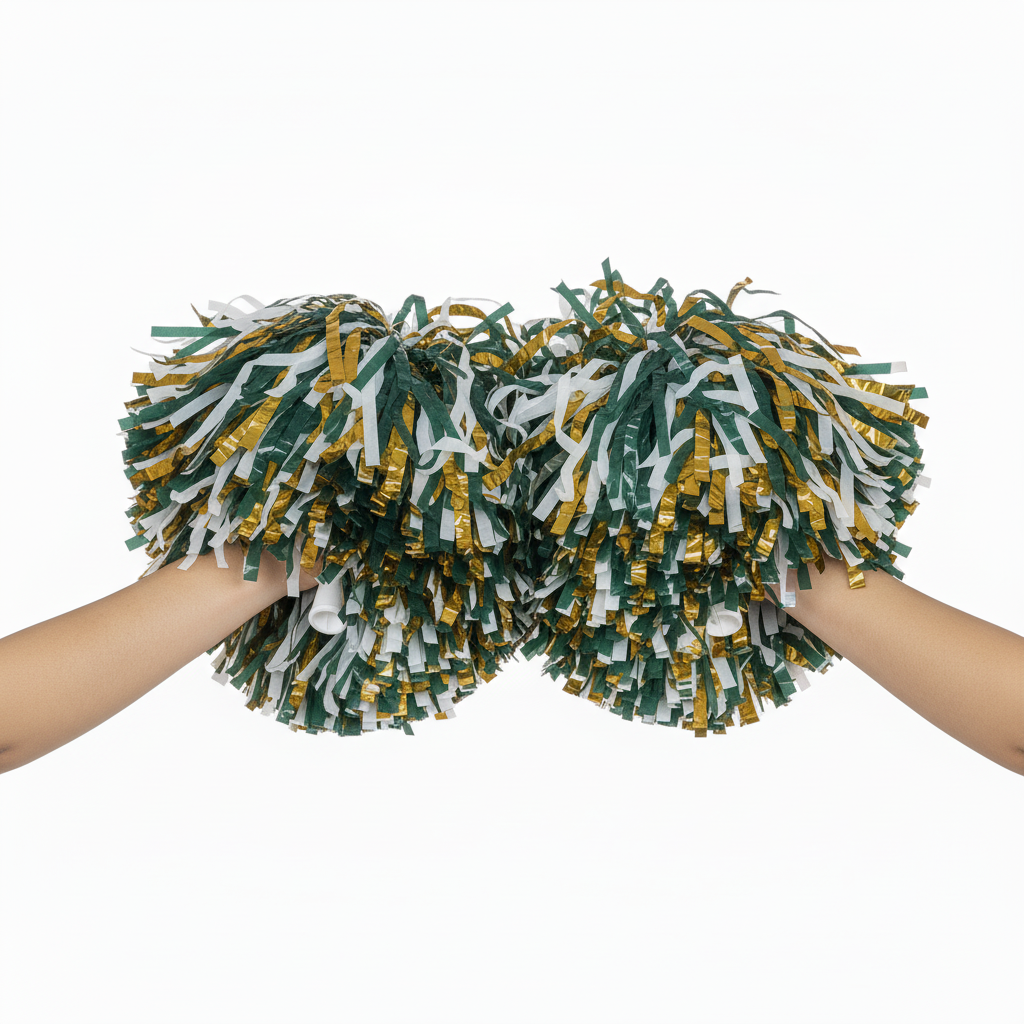 Side view of custom plastic pom poms showing the streamer length