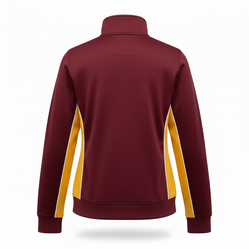Back view of custom cheer quarter-zip pullover showing the vinyl team name