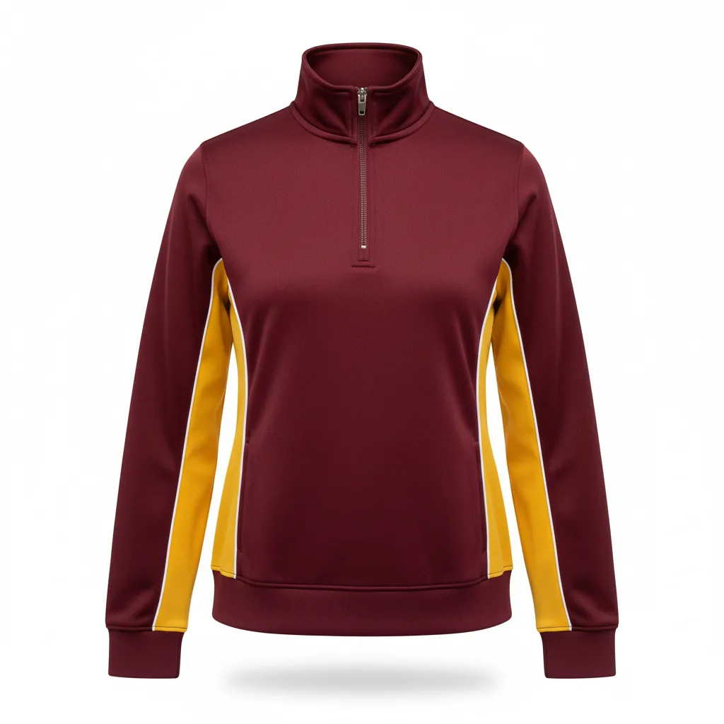 Front view of custom cheer quarter-zip pullover in 220 GSM performance poly with a stand collar and sublimated program colors from Empire Five Athletics