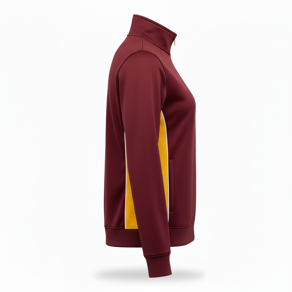 Side view of custom cheer quarter-zip pullover showing the quarter zip
