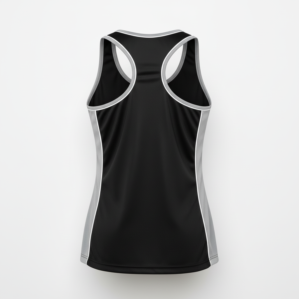 Back view of custom cheer racerback tank showing the racerback cut and team name