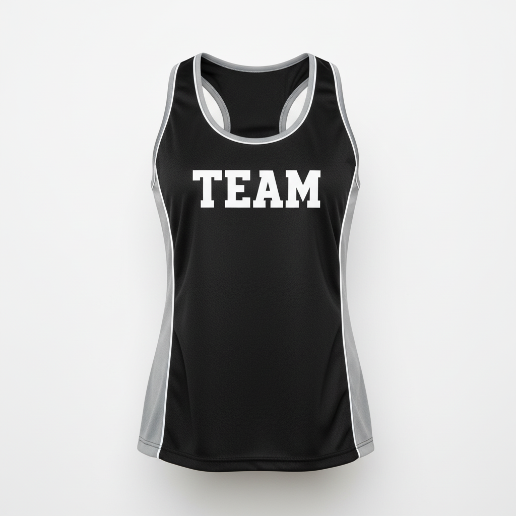Front view of custom cheer racerback tank in 4-way-stretch poly-spandex with sublimated program colors from Empire Five Athletics