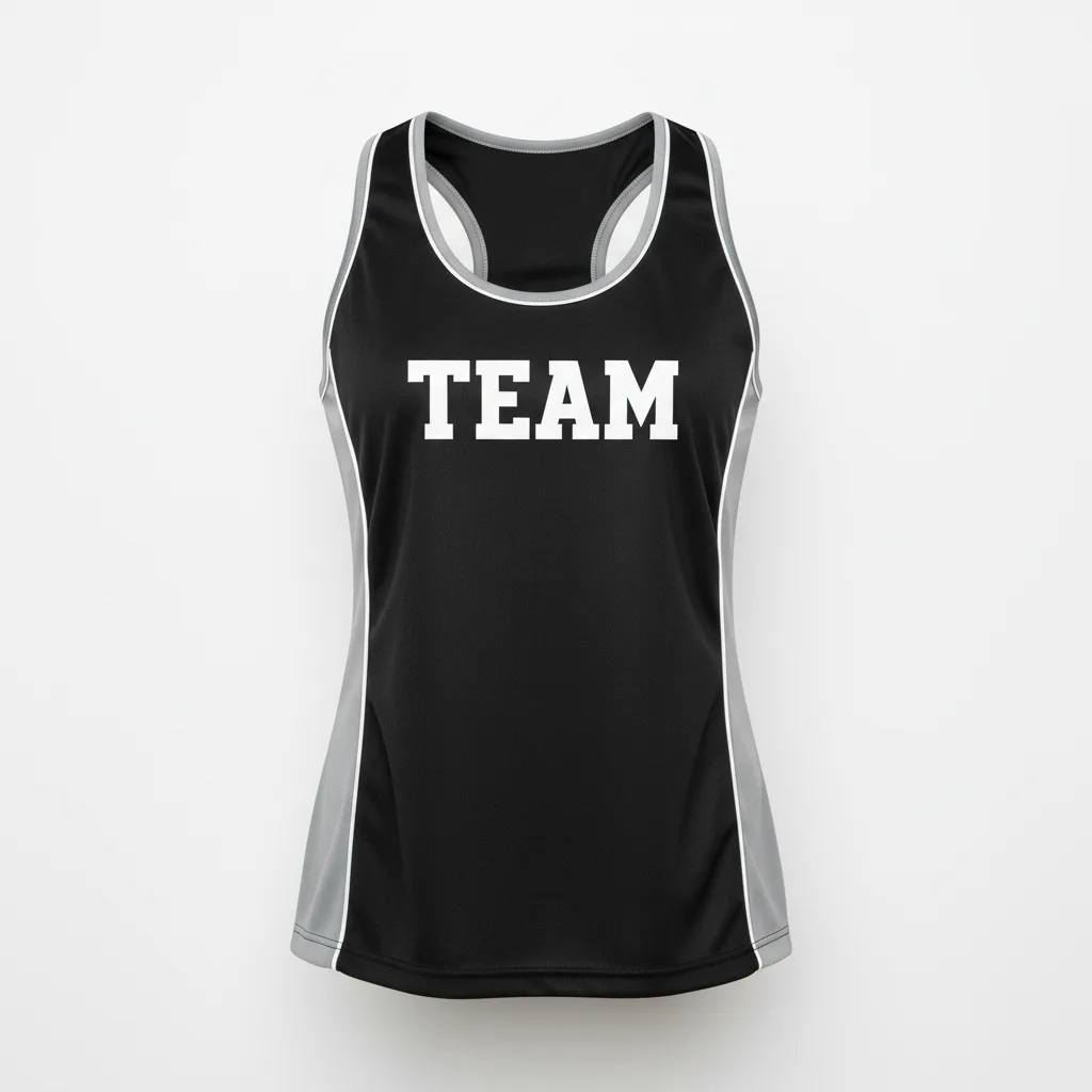 Front view of custom cheer racerback tank in 4-way-stretch poly-spandex with sublimated program colors from Empire Five Athletics