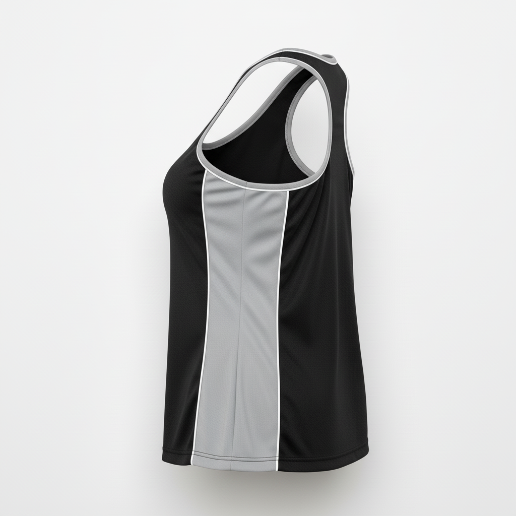 Side view of custom cheer racerback tank showing the fitted practice fit